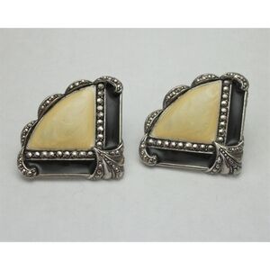 Avon Pierced FAN EARRINGS Black & Pearlized Faux MARCASITE Nickel Free VTG 1990s